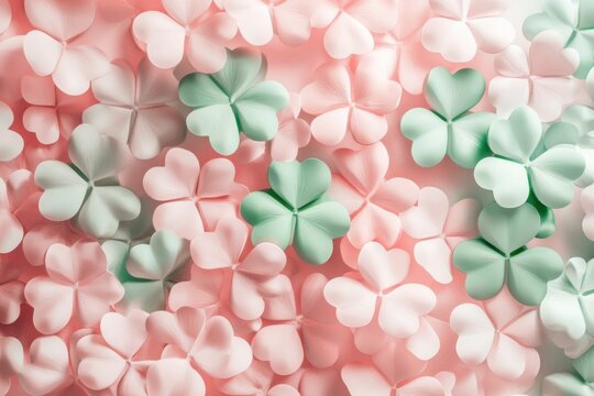 Delicate 3D shamrocks with soft pink and green hues  