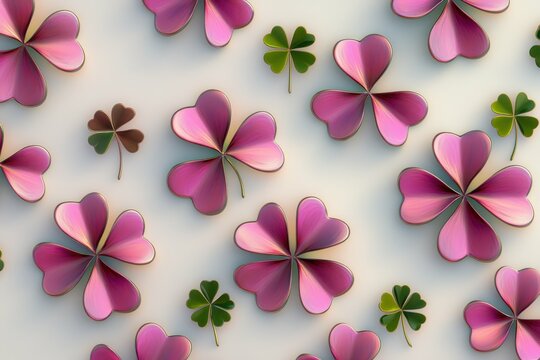 3D Shiny green and pink shamrocks on light background  