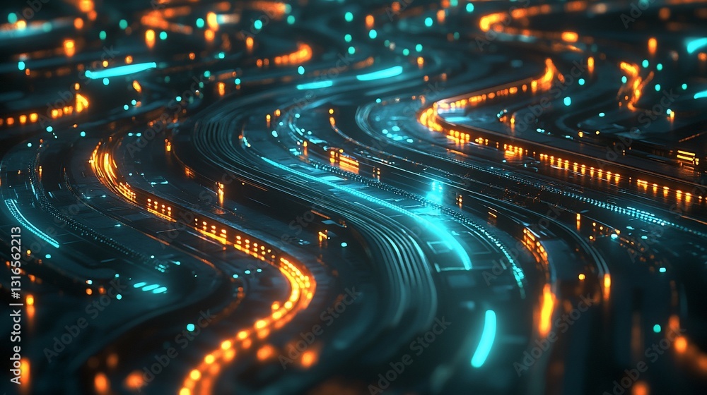Poster glowing digital circuit board with data flowing on black background