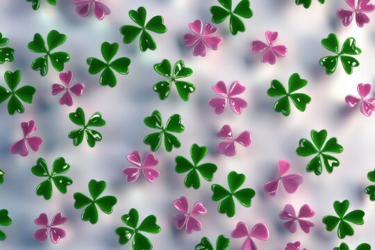 Glossy green and pink shamrocks on light background  