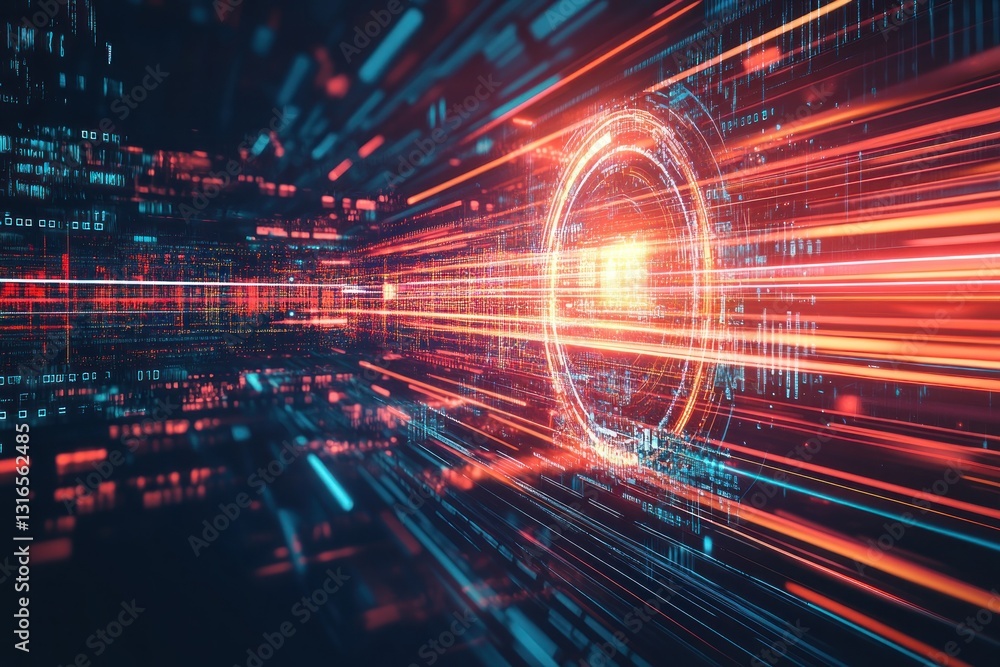 Poster a futuristic digital tunnel with vibrant streaks of red and blue light emanating from a central glow
