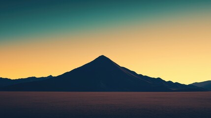 A striking mountain silhouette stands against a vibrant sunset sky. The desert stretches endlessly, creating a sense of peace and vastness. Colors blend beautifully.