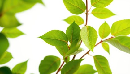 Vibrant green leaves, intricate detail, crisp white backdrop, environment, nature