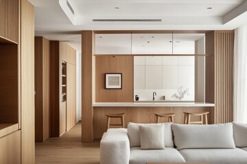 Minimalist living room with wooden accents and integrated kitchen.