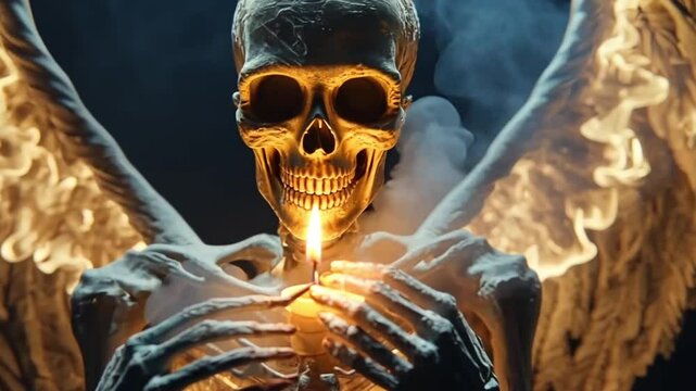 Skeletal angel with burning wings holding candle