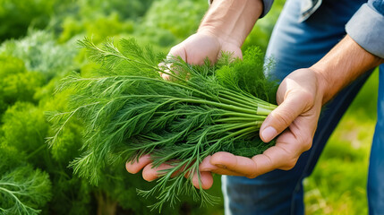 Fresh organic vegetables harvesting in the garden. Farmer with freshly harvested dill in hands.