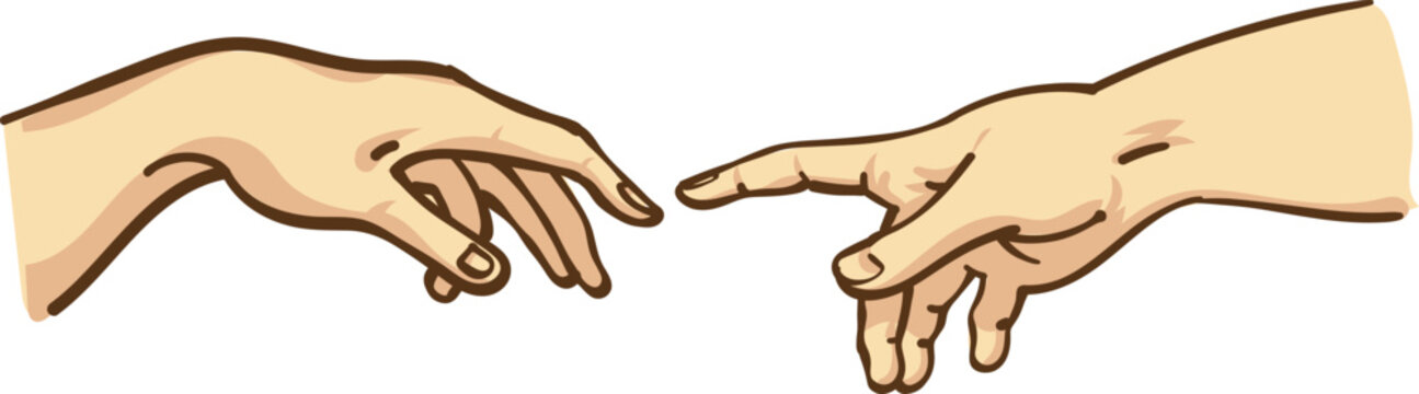 Hand to hand, Creation of Adam. Michelangelo. vector illustration