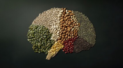A conceptual image of nuts and seeds arranged in a brain shape.