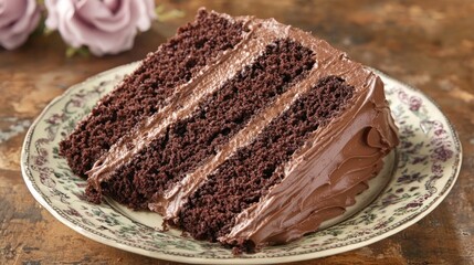 Delicious chocolate cake slice on a plate. (1)