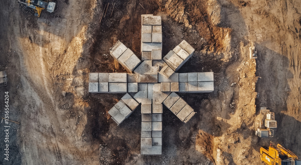 Poster concrete blocks are arranged at a construction site, indicating preparation for a new building found
