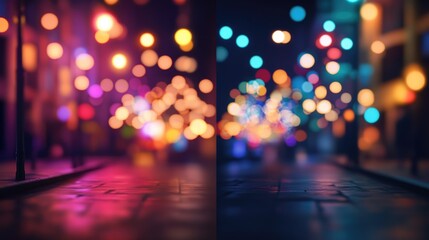 A nighttime city street scene of colorful blurred streetlights