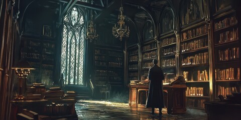 Fototapeta premium A person is in a dark library reading at a desk