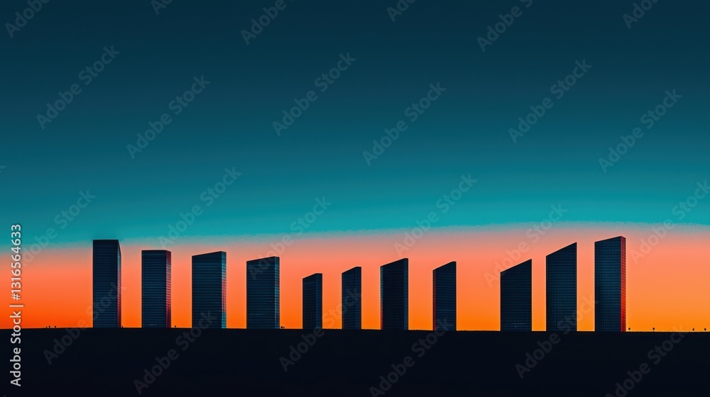 Poster tall, sleek structures stand in a row, casting dark silhouettes against a colorful sunset sky, creat