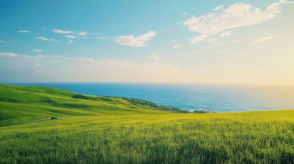 Obraz premium a coastal countryside road journey, a small car traveling through rolling green fields, the ocean stretching endlessly under a bright blue sky
