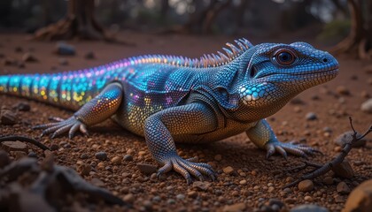 Fototapeta premium Iridescent Lizard Reptile on Red Ground Close up Detailed View