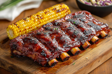  plate of smoky, glazed barbecue ribs served with roasted corn on the cob.