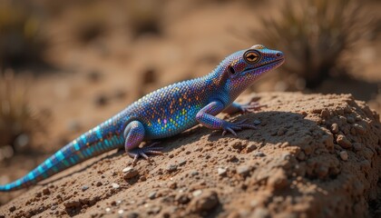 Vibrant iridescent lizard basking on arid ground in desert habitat
