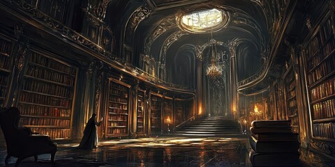 An elegant library depicts a person surrounded by literature in a grand hall