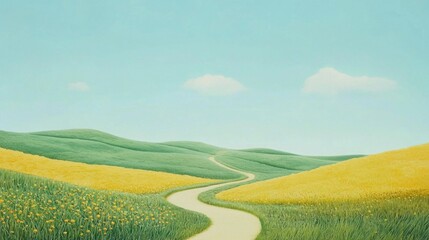 Fototapeta premium A winding path stretches through lush green hills and blooming fields of yellow flowers under a bright blue sky, creating a peaceful natural setting.
