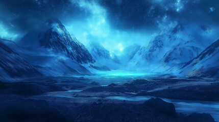 Fototapeta premium Illuminated Glacier with Fossil Treasures, Evolution's Glow Over a Blurred Earthly Panorama