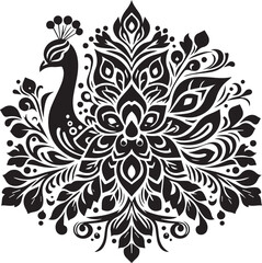 Fototapeta premium Ornamental peacock mandala with intricate symmetrical feather and floral details in black and white, ideal for elegant tattoos, nature-inspired decor, and spiritual meditation