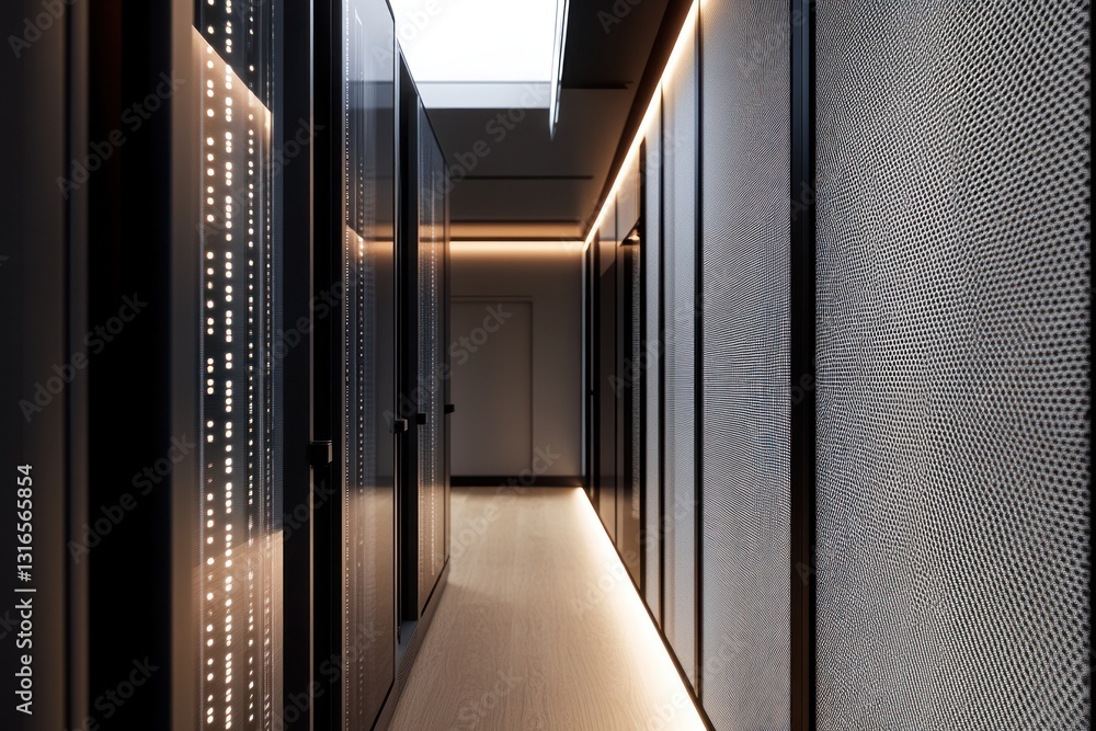 Poster a sleek, modern data center corridor featuring rows of server racks illuminated by ambient lighting,