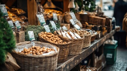 Fototapeta premium A fresh market stall displaying memory-boosting foods like fish, nuts, and herbs.