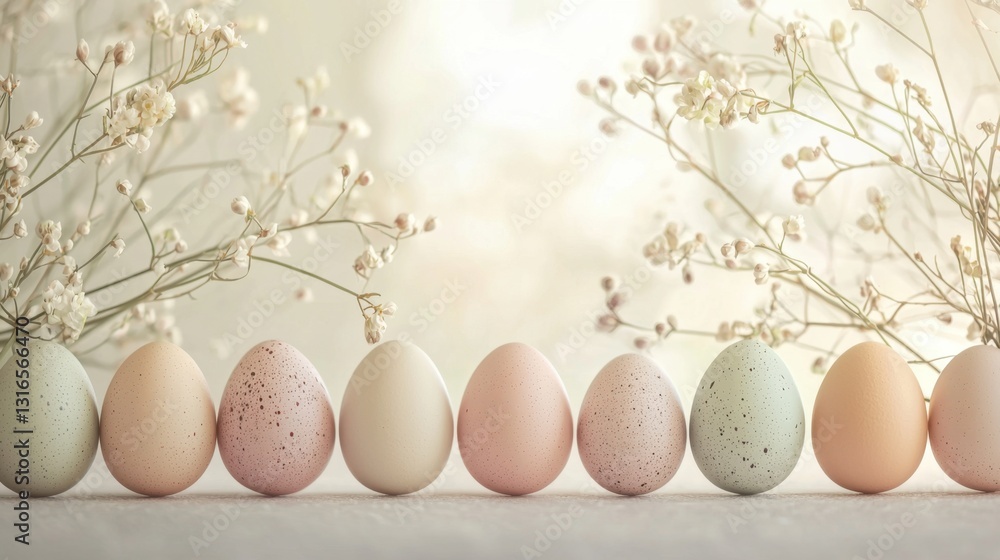Poster Soft pastel eggs in shades of pink, cream, and mint are positioned in a row with dainty flowers on either side, creating an elegant springtime display in a tranquil setting.