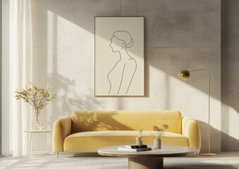 Minimalist living room with yellow sofa, line art, and sunlight.
