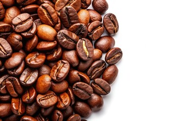 Fototapeta premium Close-up macro shot of glossy coffee beans, detailed texture, stark white background.