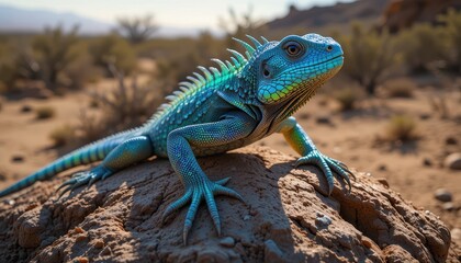 Fototapeta premium Vibrant Blue Lizard Basking on Desert Rock Sunny Day Reptile Wildlife