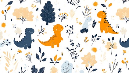 Obraz premium Adorable Dinosaur Seamless Pattern Cute Dino & Floral Design for Kids