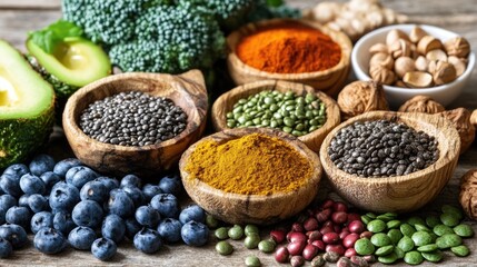 A rustic wooden table with a variety of superfoods displayed.