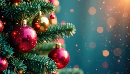 Obraz premium Colorful Christmas tree branches loaded with multicolored glass balls, confetti, sparkling, tree