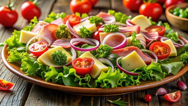 Crisp greens, ham, cheese, hearts of palm, and tomatoes: a macro lens captures a vibrant salad's detail.