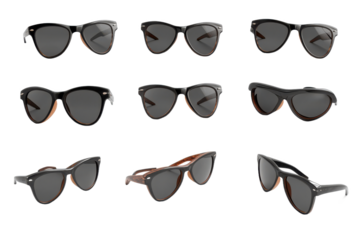 multiple angles of black sunglasses with brown frames isolated on white background Keywords: angle, black, sunglasses,