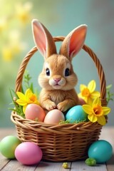 A charming bunny surrounded by colorful Easter eggs and daffodils in a wicker basket , floral, colorful
