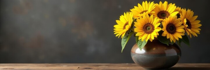 A large ceramic vase overflowing with sunflowers, bright petals ,  plant,  still life,  flower