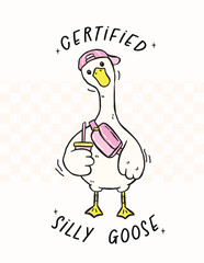 Cute Silly Goose on the Loose with coffee, certifiled silly goose, Retro Cartoon Hand Drawn Meme illustration Design