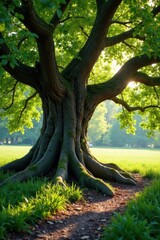 Obraz premium Ancient oak, gnarled roots, sunlight dappled leaves, life, leaves