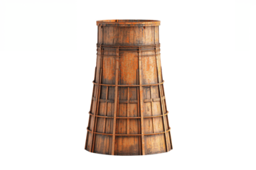 A weathered wooden structure with a lattice frame standing against a stark white background in isolation view