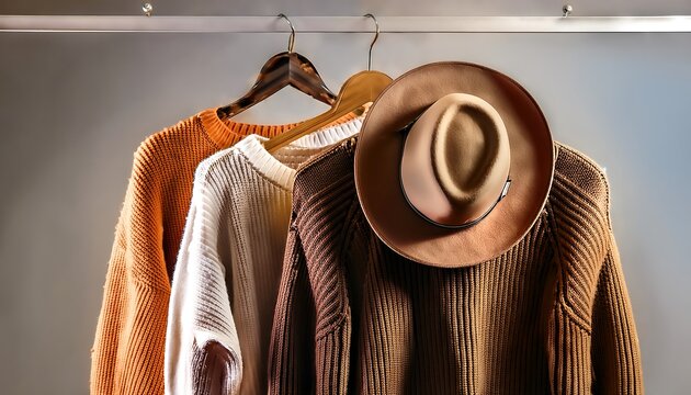 "Knitted Sweaters on Hangers with a Stylish Felt Hat"