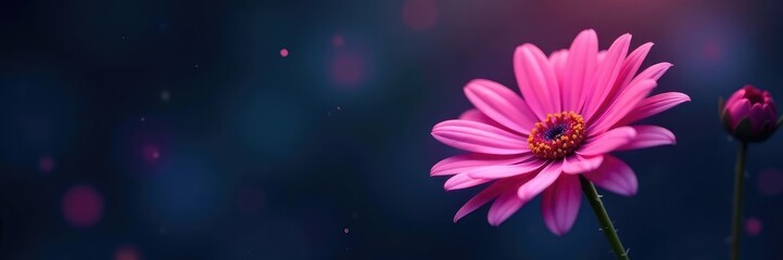 Fototapeta premium Delicate bright pink daisy on a dark mysterious night background, evening, flowers, night