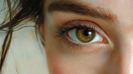 Close-up of a woman's hazel eye with long lashes and defined brow.