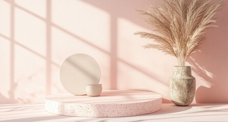 Minimalist pink studio scene with pampas grass, round platform, and display objects.
