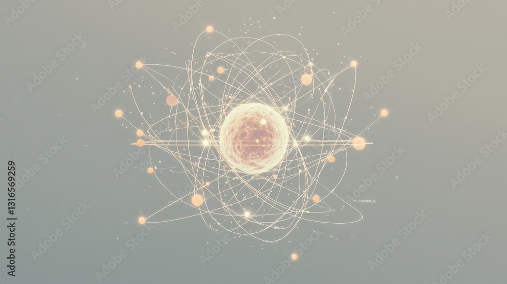 Poster an artistic depiction of an atom is presented with glowing particles orbiting a central nucleus. the
