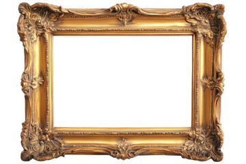 A golden ornate picture frame with intricate details on a white background in a studio setting