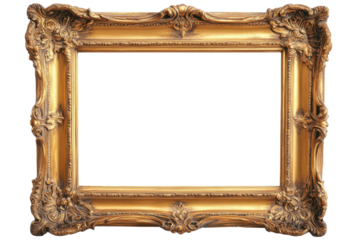 A golden ornate picture frame with intricate details on a white background in a studio setting