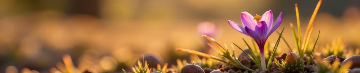 Obraz premium Delicate crocus flower among dry golden grass, flowers, grass