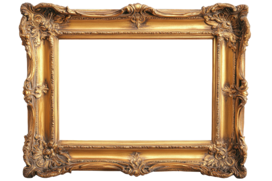 A golden ornate picture frame with intricate details on a white background in a studio setting